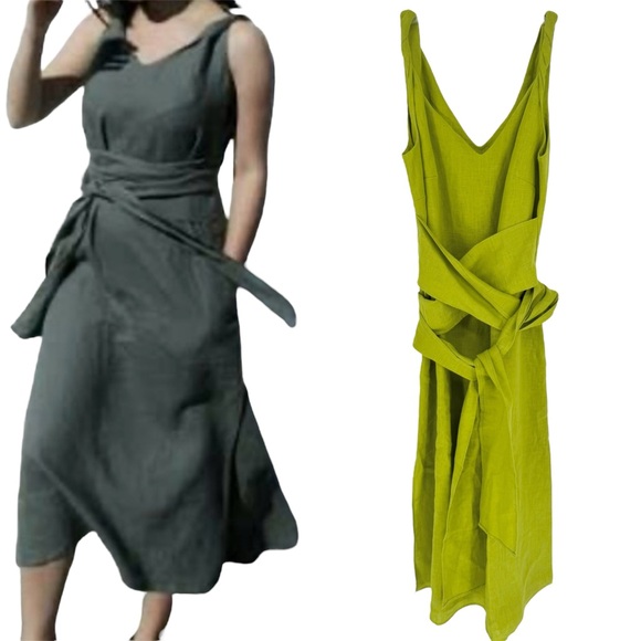 Pavietra Linen Twisted Straps Wrap Belt Midi Dress Lime Green Size M Lagenlook - Picture 1 of 16
